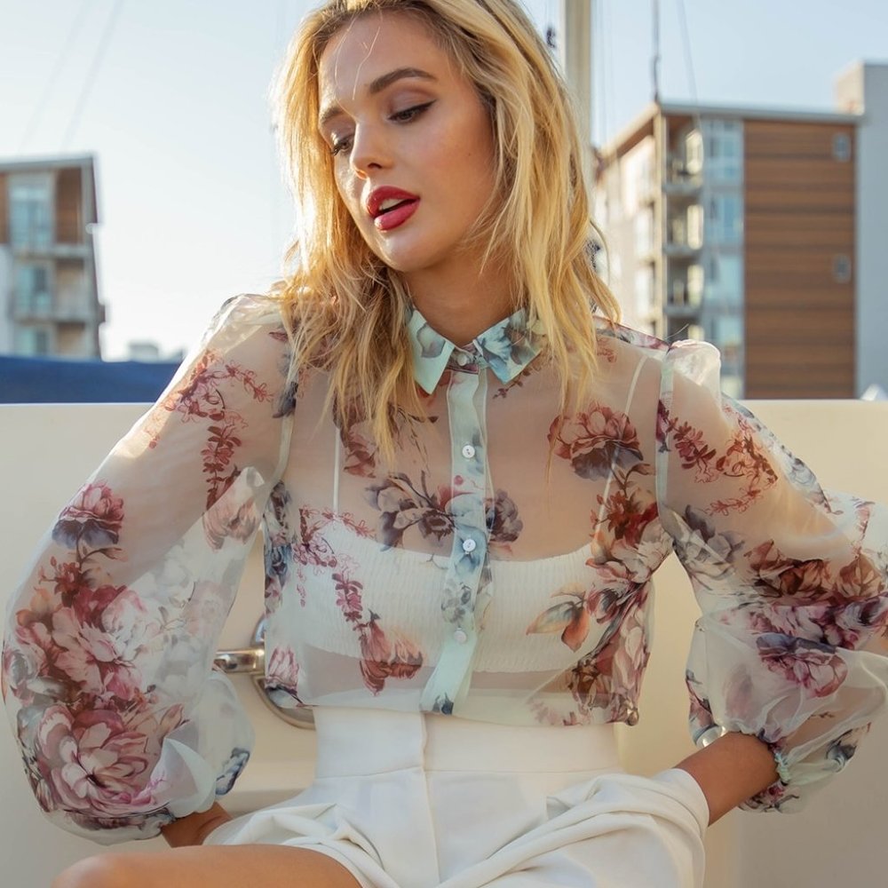 Floral Blue and Pink Puff Long Sleeve Button up Organza Sheer Collared Blouse